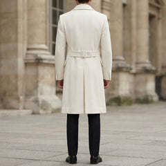 Men’s White Wool Trench Coat with Half-Belted Back