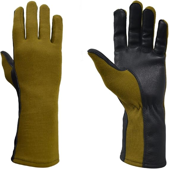 A pair of long gloves shown front and back on a plain white background. The knit back is olive green, and the leather palm and back sections are black with olive green trim.