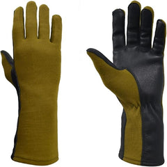 A pair of long gloves shown front and back on a plain white background. The knit back is olive green, and the leather palm and back sections are black with olive green trim.