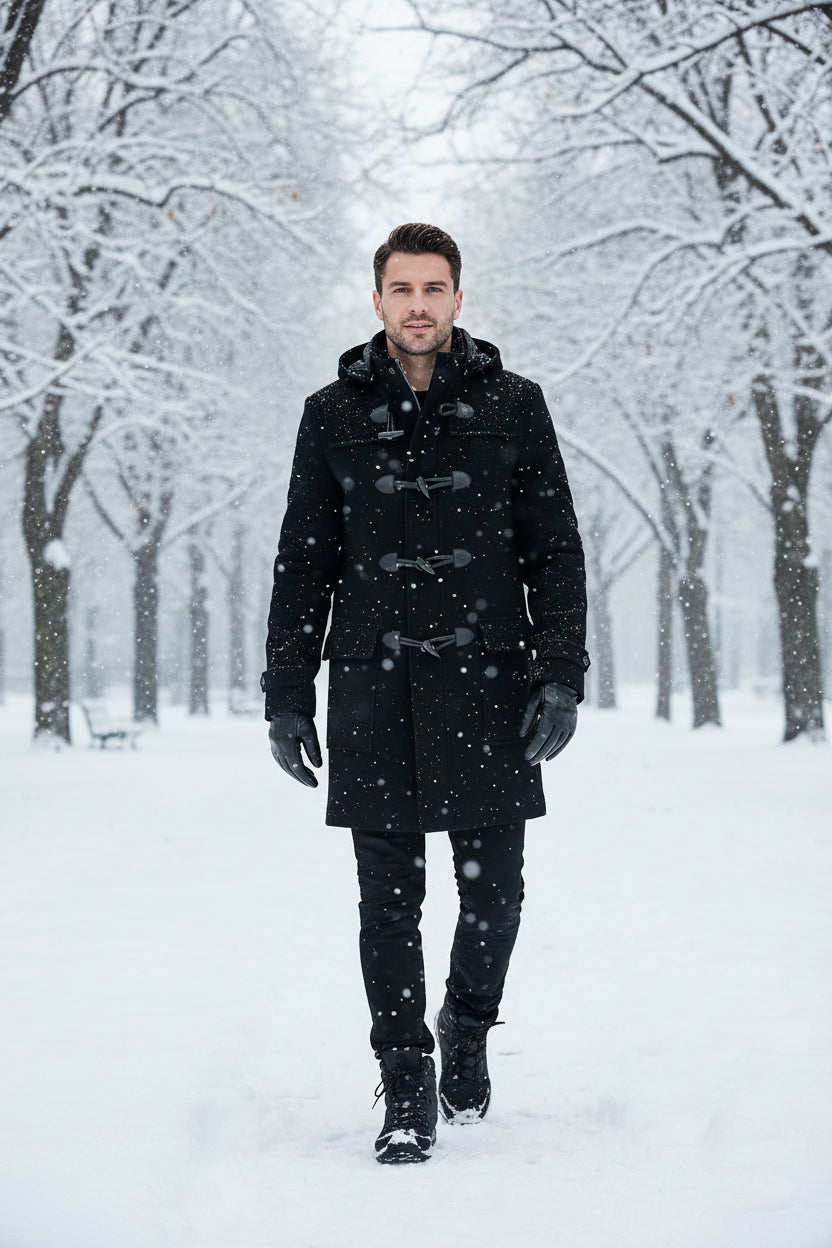 A man wearing a black hooded duffle coat with toggle closures over a white collared shirt, shown against a plain white background.