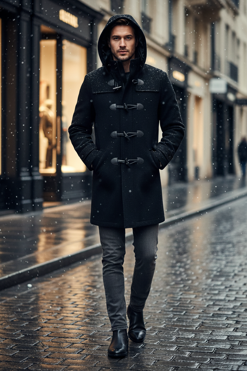 A man wearing a black hooded wool-blend toggle coat, dark gray jeans, and black boots walks down a wet cobblestone city street with falling snow.