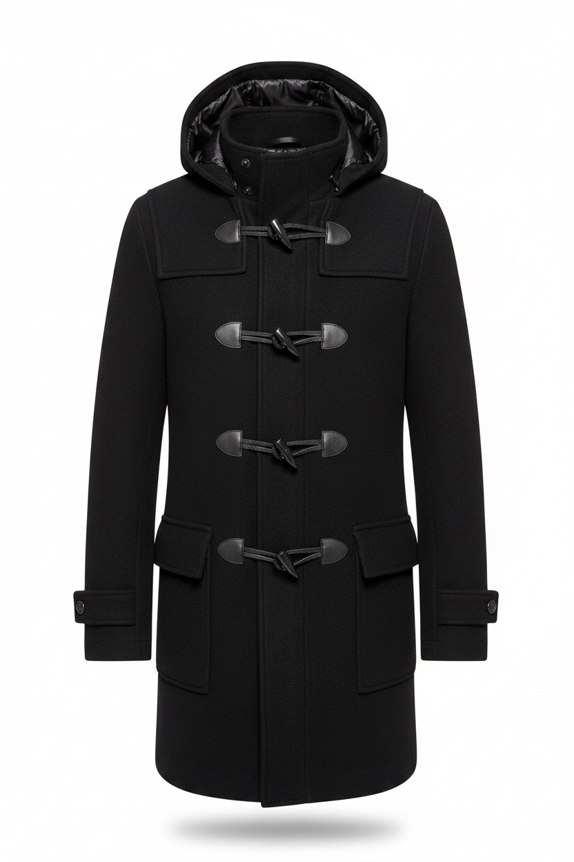 A black hooded duffle coat with toggle closures and flap pockets, shown on a plain white background.