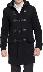 A man wearing a black hooded duffle coat with toggle closures over a white collared shirt, shown against a plain white background.