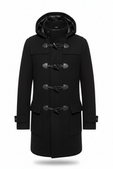 A black hooded duffle coat with toggle closures and flap pockets, shown on a plain white background.