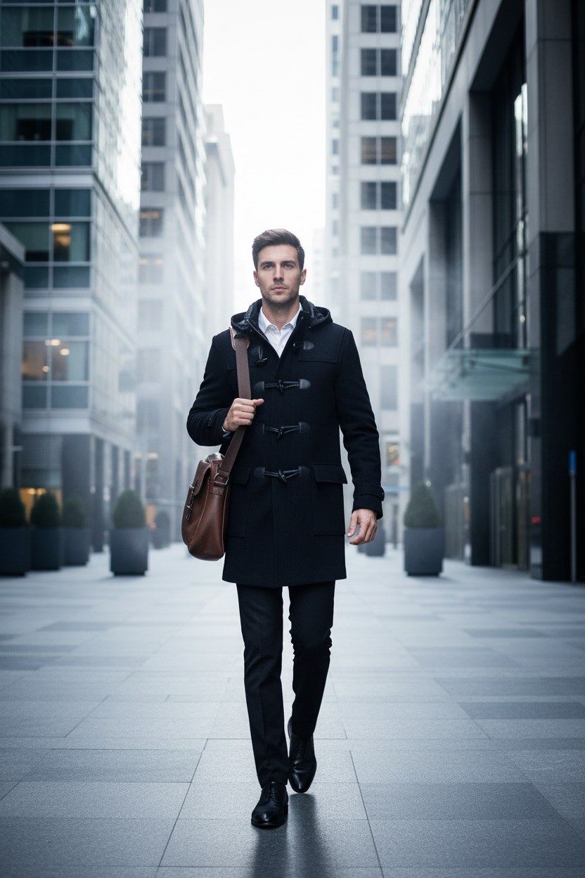 A man walking down a city street wearing a black duffle coat, black trousers, and carrying a brown leather messenger bag.