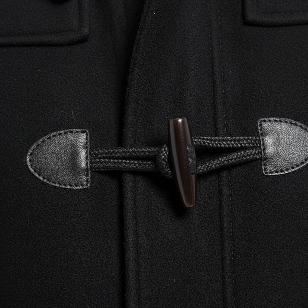 Close-up of a black duffel coat with a toggle closure, featuring a dark brown wooden toggle and black braided cord with stitched leather-like tabs.
