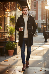 A man walking on a city sidewalk wearing a black coat over a cream ribbed sweater, blue jeans, and brown boots, holding a takeaway coffee cup.