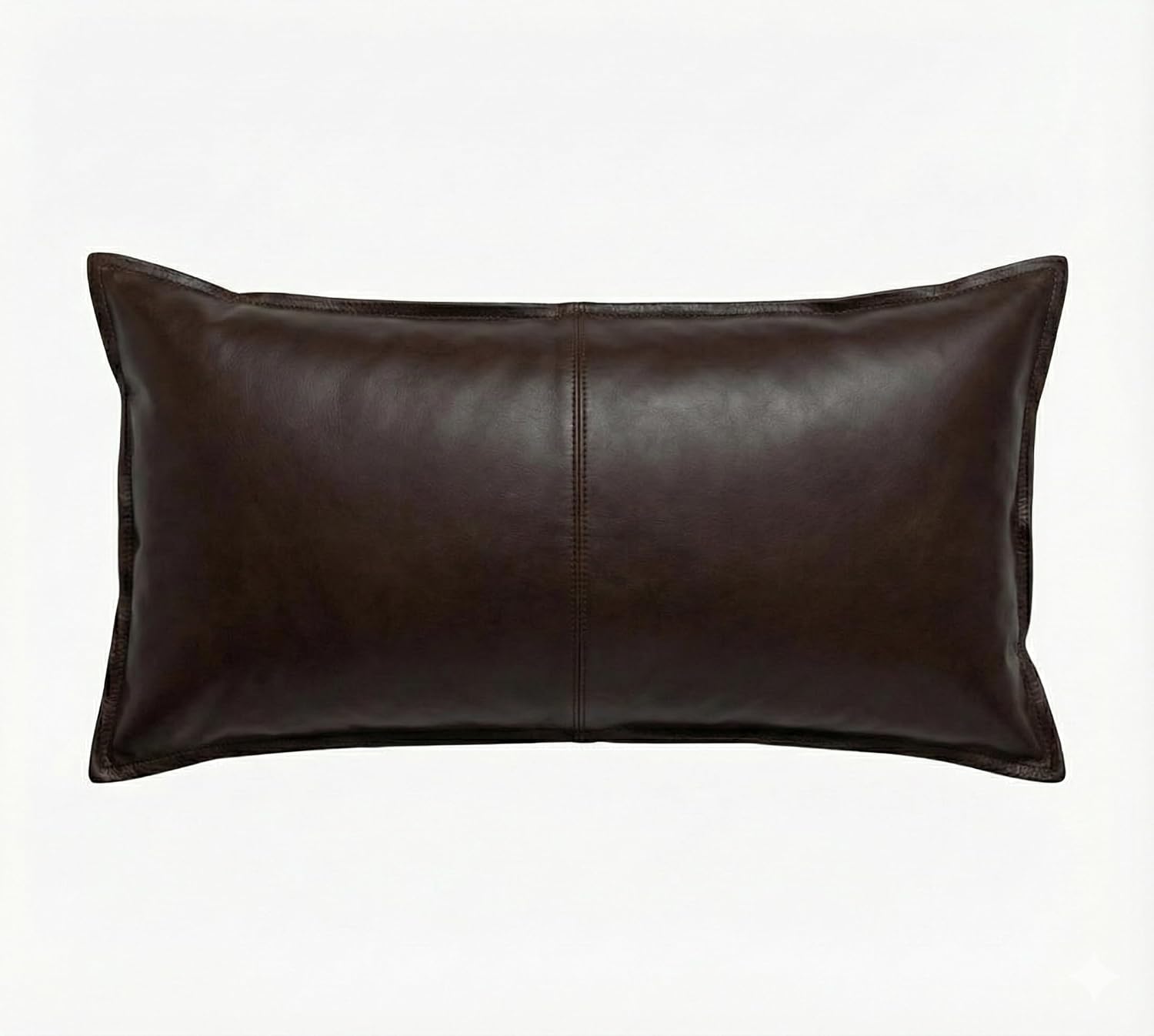 A dark brown genuine leather lumbar pillow with a central seam, shown against a plain white background.