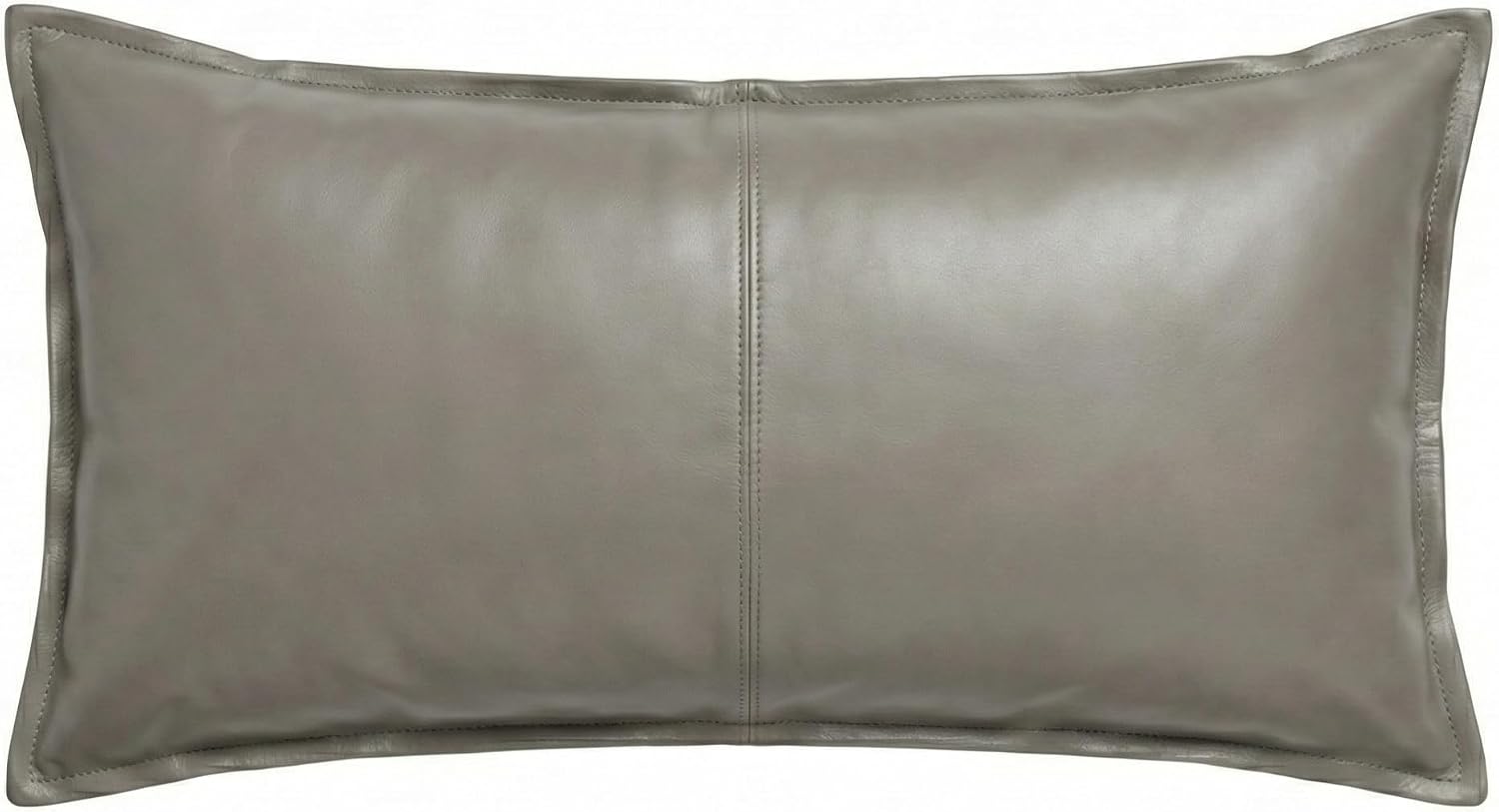 A rectangular lumbar throw pillow made of smooth taupe leather, featuring a central vertical seam and piped edges, shown against a plain white background.