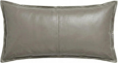 A rectangular lumbar throw pillow made of smooth taupe leather, featuring a central vertical seam and piped edges, shown against a plain white background.