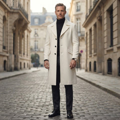 Men’s White Wool Trench Coat with Half-Belted Back
