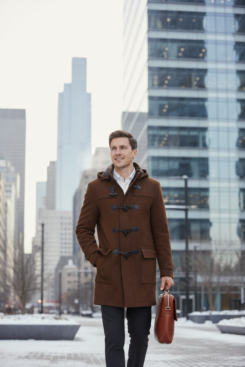 A man wearing a brown duffle coat over a white collared shirt and dark trousers, standing in a snowy city plaza with modern glass skyscrapers in the background and holding a brown leather briefcase.