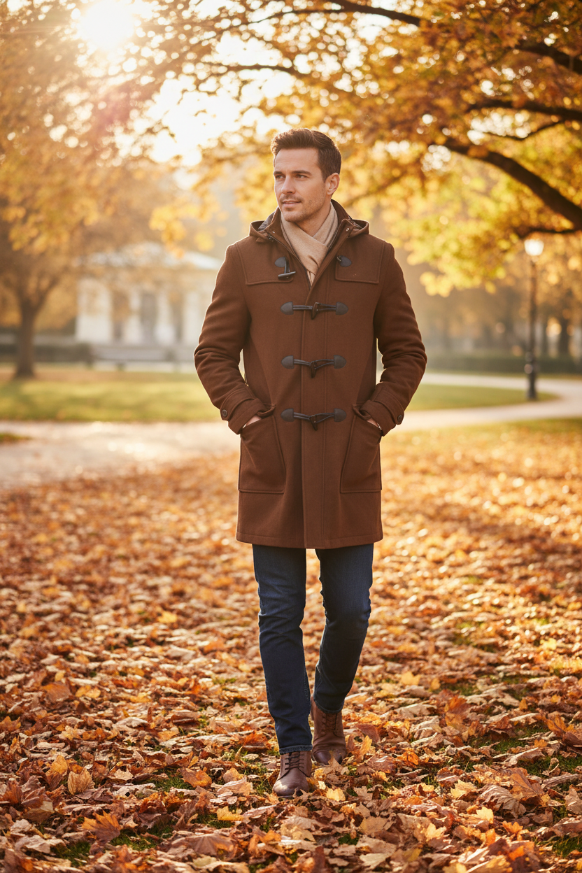 A man wearing a brown duffle coat, blue jeans, and brown boots stands on a path covered with fallen autumn leaves in a park with golden trees in the background.