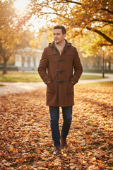 A man wearing a brown duffle coat, blue jeans, and brown boots stands on a path covered with fallen autumn leaves in a park with golden trees in the background.