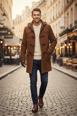 A man walking down a cobblestone street wearing a brown duffle coat over a cream sweater, dark blue jeans, and brown boots.