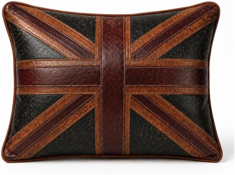 A square decorative throw pillow featuring a distressed Union Jack flag design in brown and black faux leather, shown against a plain white background.