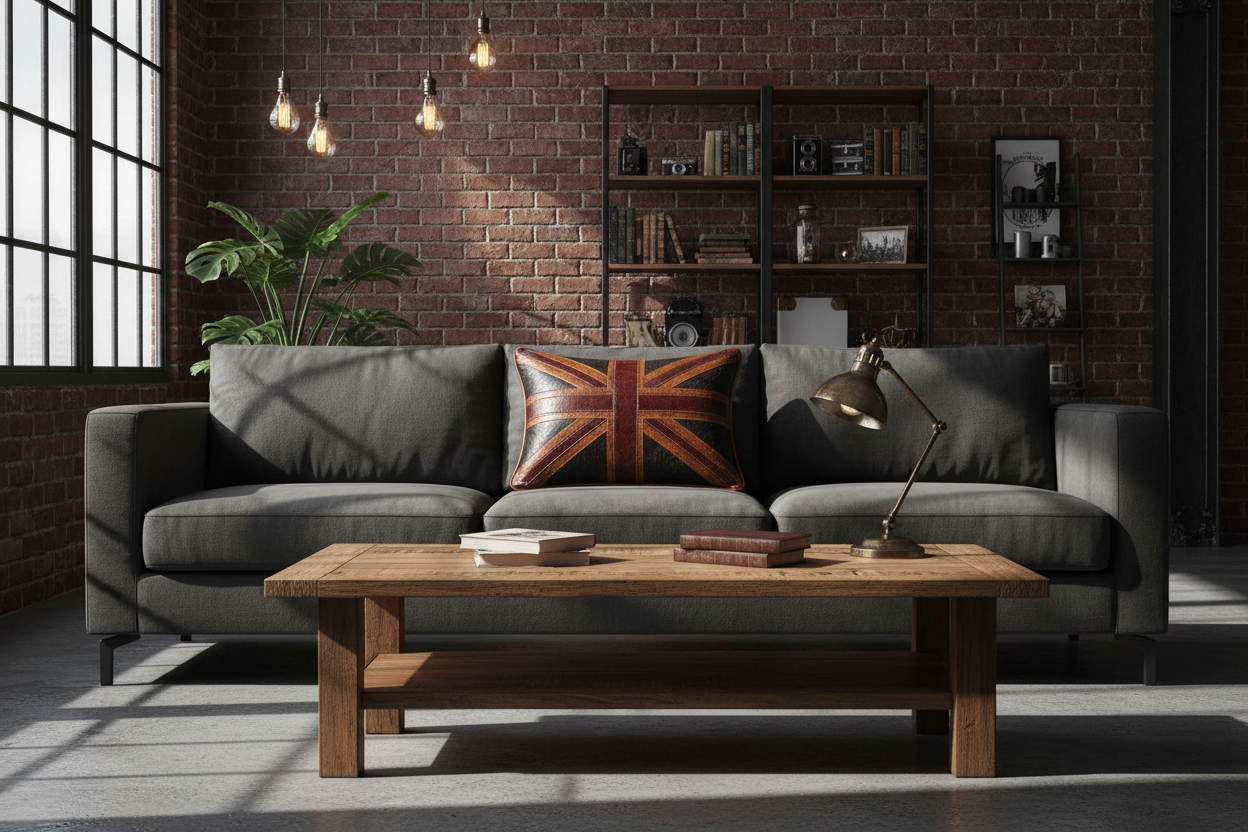 A modern gray fabric sofa in a loft-style living room with a brick wall, a wooden coffee table, and a Union Jack throw pillow.