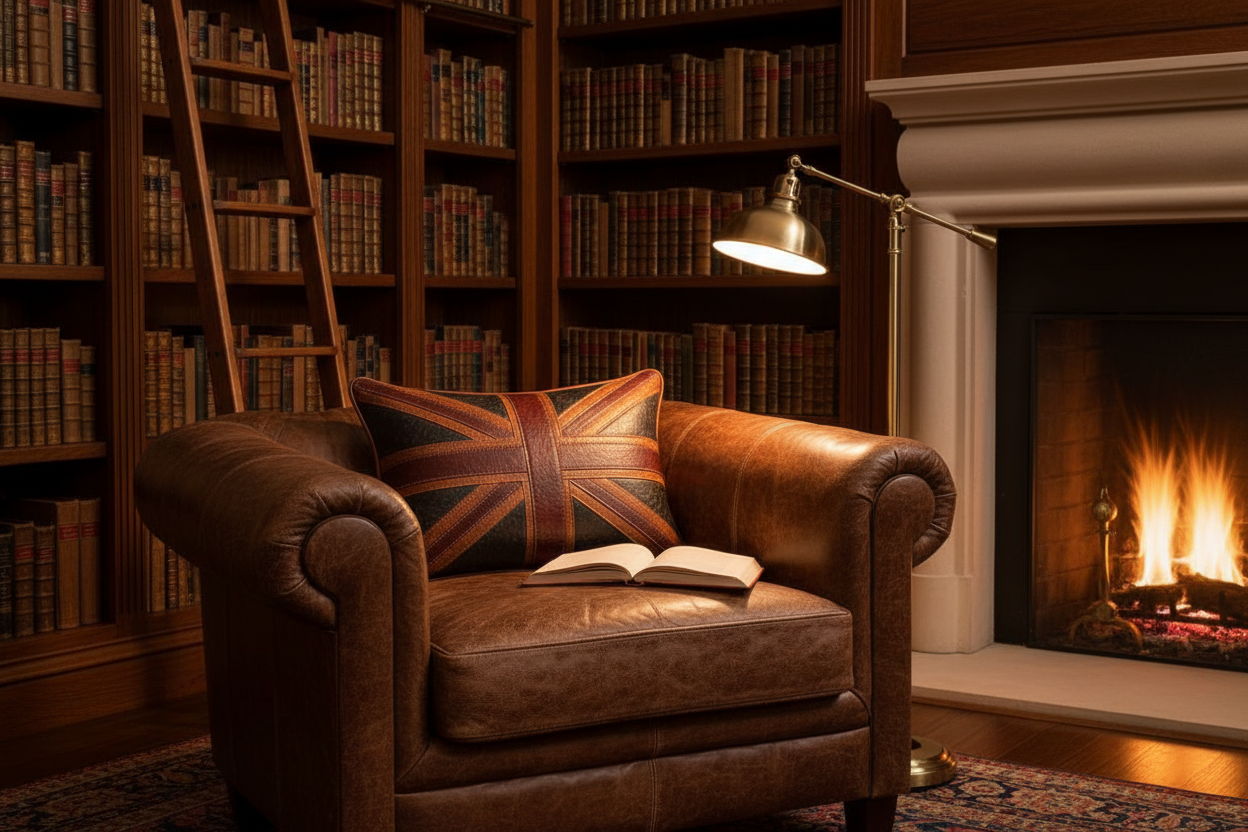 A brown leather armchair in a cozy library setting, featuring a Union Jack patterned throw pillow and an open book on the seat, with a lit fireplace and bookshelves in the background.