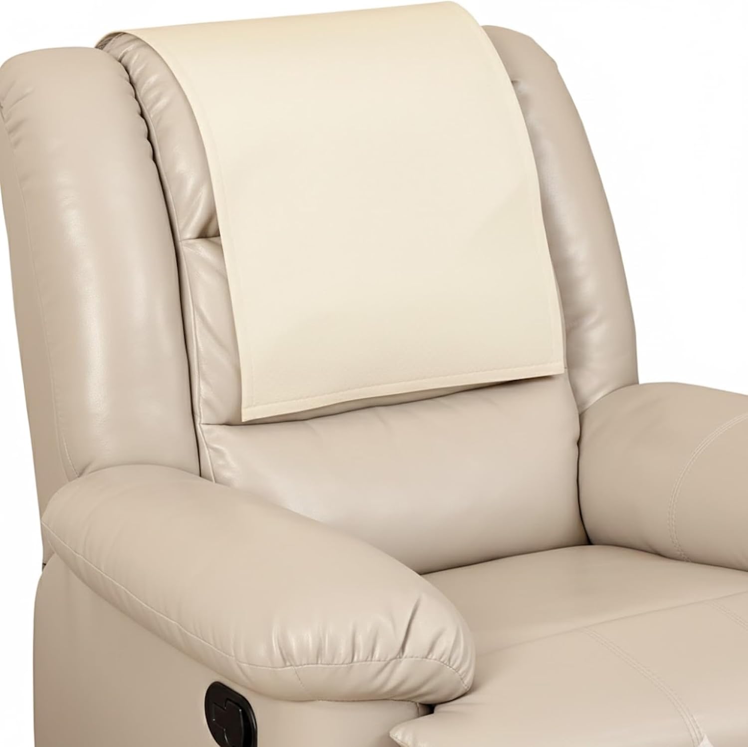 Beige leather recliner chair with a matching beige headrest pillow cover, shown against a plain white background.