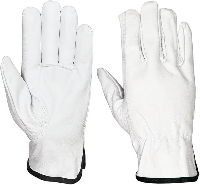 A pair of white leather work gloves shown from the back, with black trim along the cuffs, isolated on a white background.