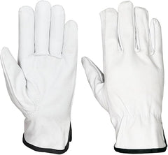 A pair of white leather work gloves shown from the back, with black trim along the cuffs, isolated on a white background.