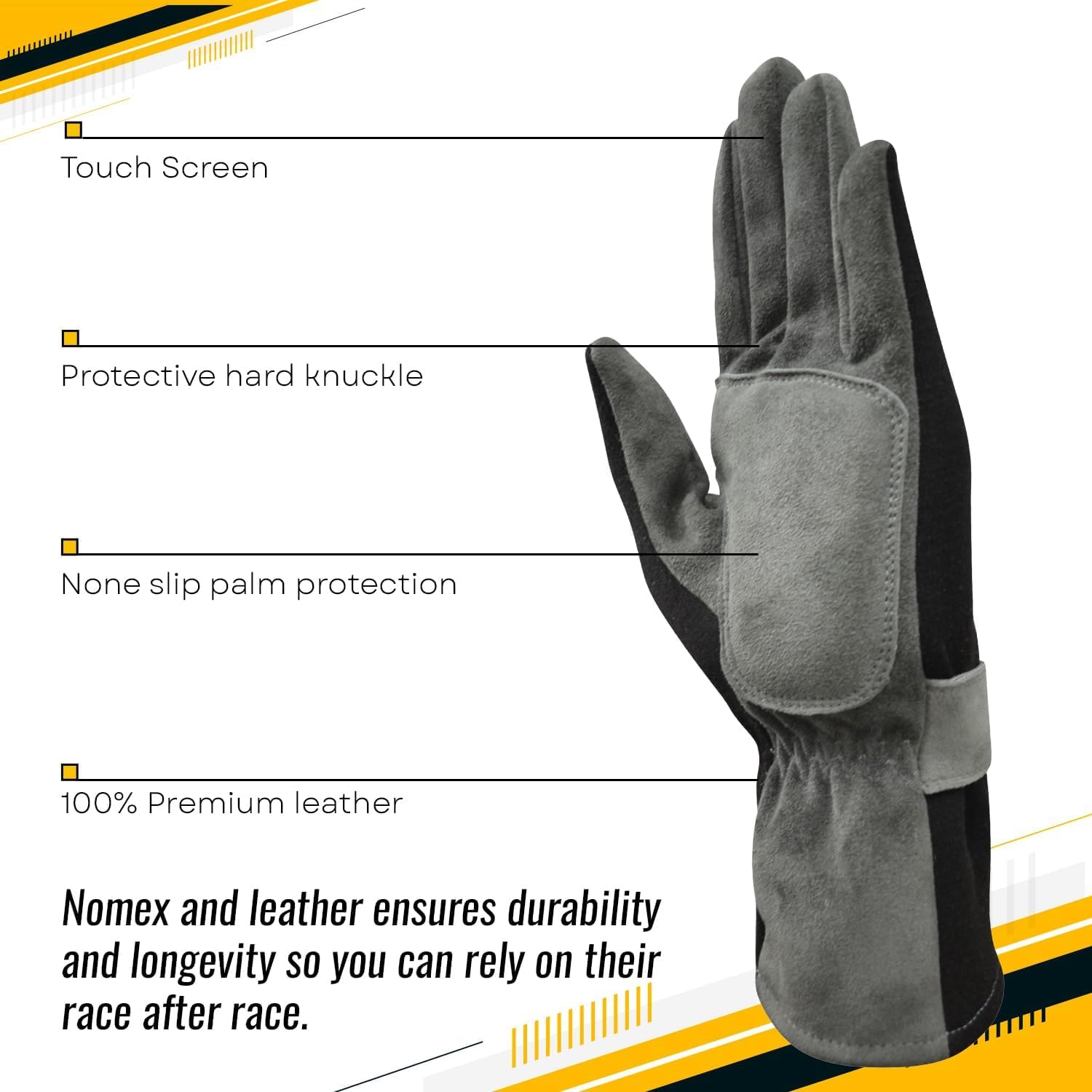 A gray and black motorcycle glove with callout lines and text highlighting features such as touch screen compatibility, protective hard knuckle, non-slip palm protection, and 100% premium leather.