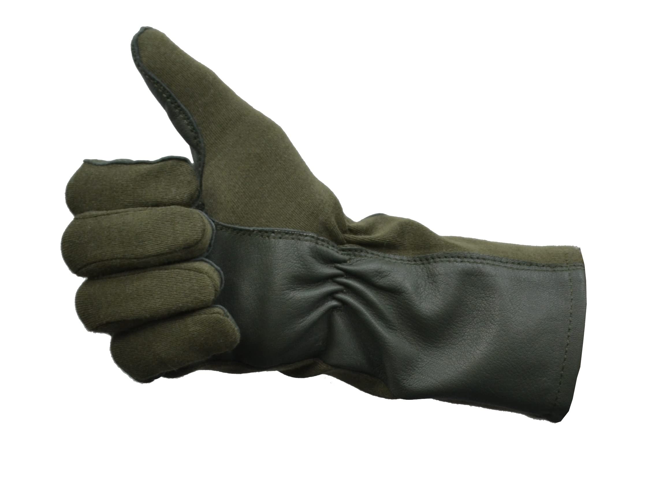 An olive green work glove with a smooth leather-like cuff, shown in a thumbs-up gesture against a plain white background.