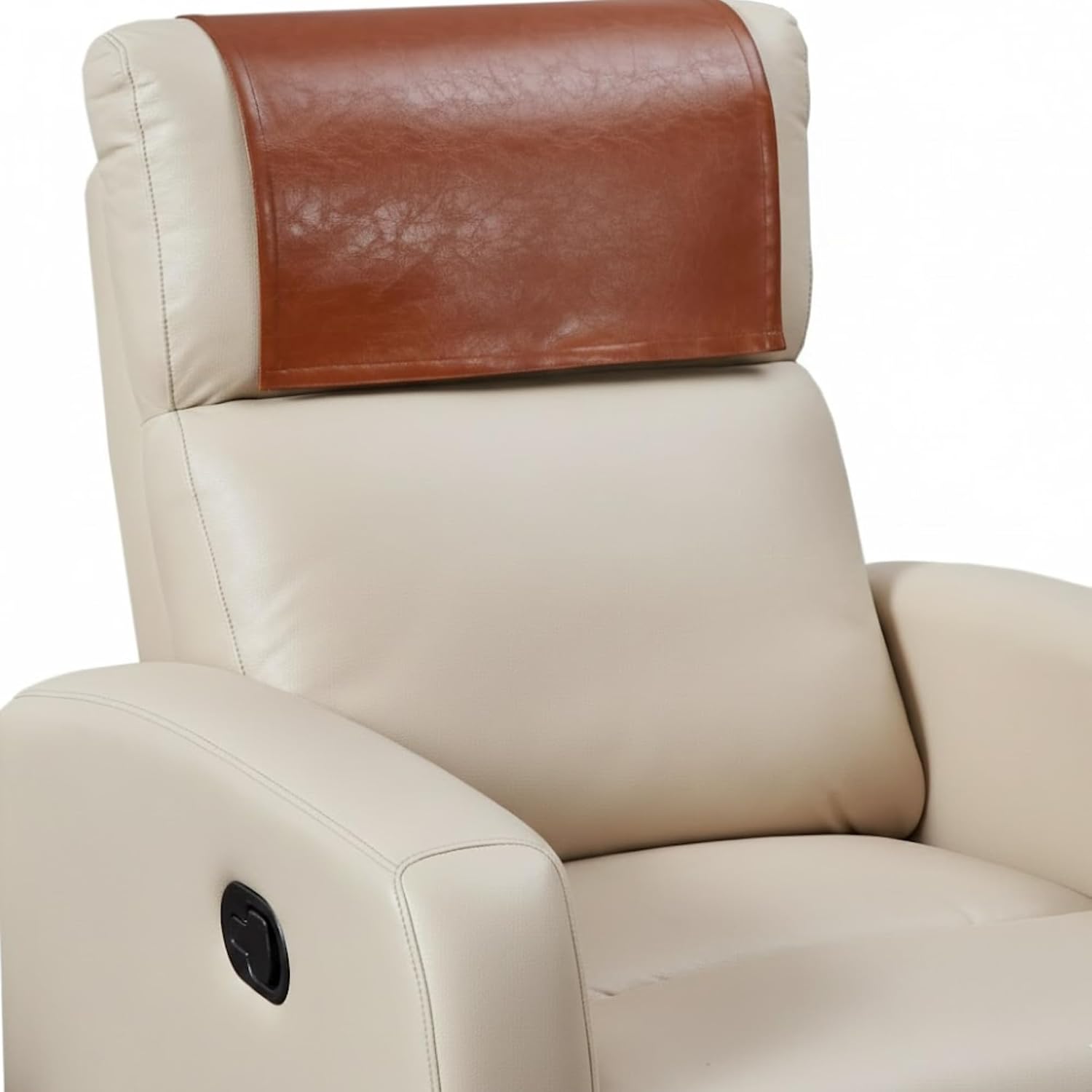 Beige leather recliner chair with a brown leather headrest cover, shown against a plain white background.