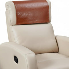 Beige leather recliner chair with a brown leather headrest cover, shown against a plain white background.