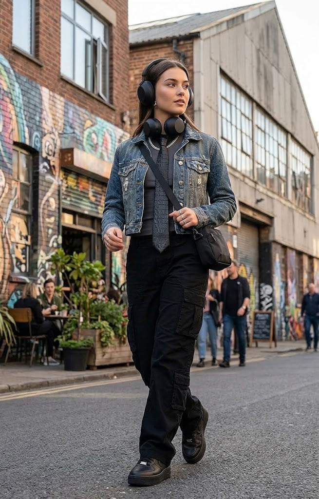 A woman walking down an urban street wearing a dark washed denim jacket, black cargo pants, black boots, and black over-ear headphones around her neck, with a black shoulder bag.