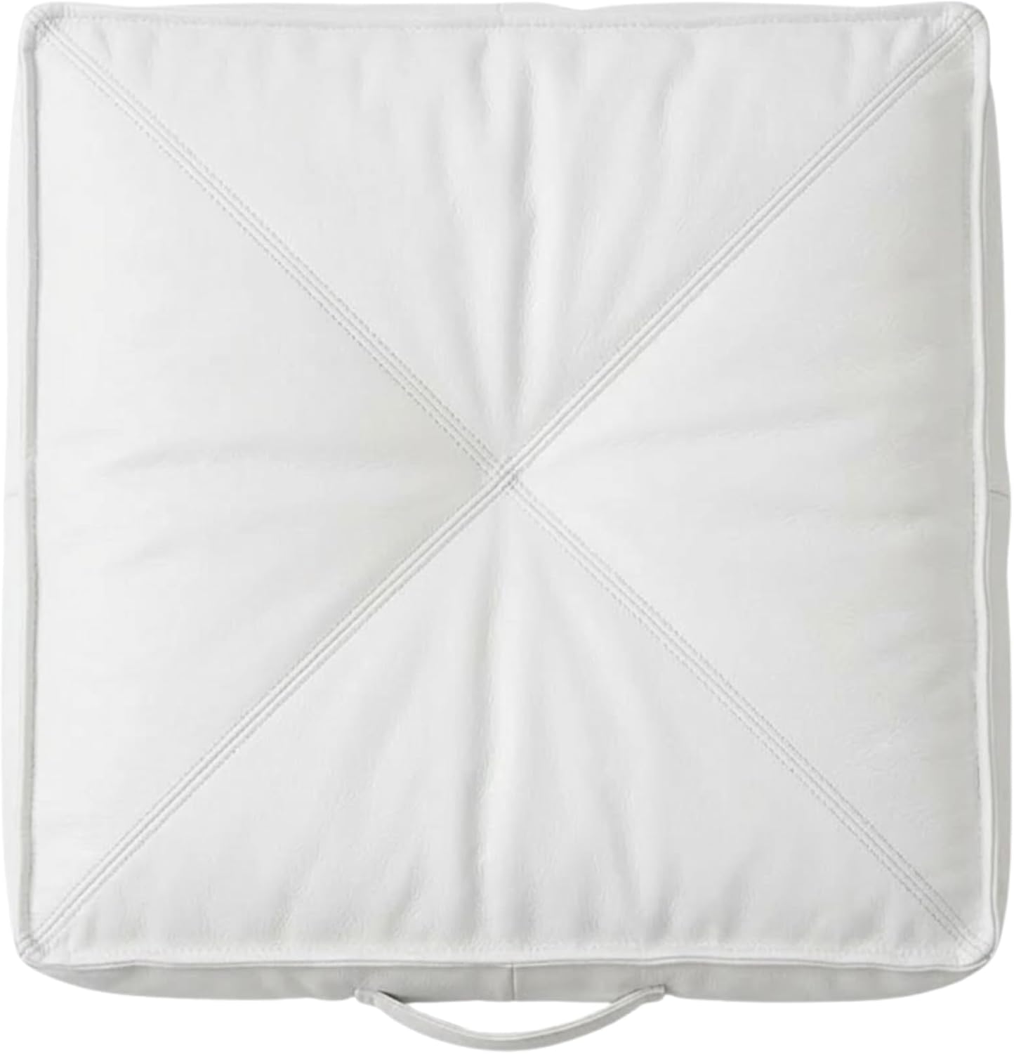 A square white cushion with diagonal stitched details forming an X pattern in the center and a small loop handle at the bottom edge, shown against a plain white background.