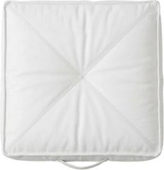 A square white cushion with diagonal stitched details forming an X pattern in the center and a small loop handle at the bottom edge, shown against a plain white background.