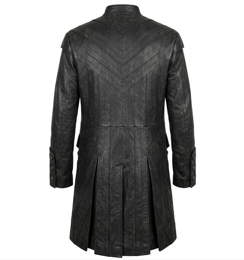 A black faux-leather coat with a high collar, featuring a chevron stitched pattern on the back and pleated detailing at the hem, shown against a plain white background.