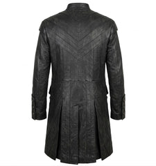 A black faux-leather coat with a high collar, featuring a chevron stitched pattern on the back and pleated detailing at the hem, shown against a plain white background.