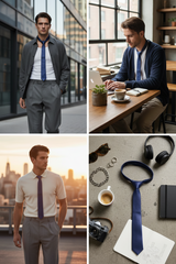 A four-panel collage showing men wearing tailored neckties in different settings: a man walking outdoors in a gray suit with a blue tie, a man seated at a desk in a bright office with a navy tie, a man standing by a city skyline in a white shirt with a purple tie, and a flat lay of a blue tie with accessories on a concrete surface.