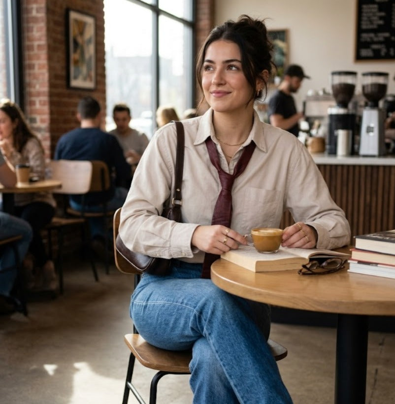 A woman sits at a wooden table in a cozy coffee shop, wearing a beige button-up shirt, blue jeans, and a dark red tie. She holds a small cup of coffee next to a book, with a brown shoulder bag and sunglasses on the table.
