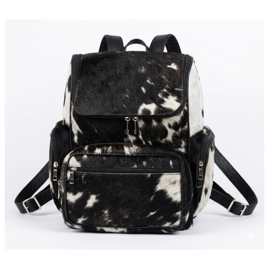Real Cowhide Leather Backpack - Brown and White Hair on Backpack - Travel Hiking Backpack