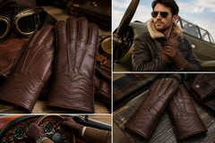 A four-panel collage showcasing dark brown leather aviator gloves. The left panel shows a close-up of the gloves with wavy stitched detailing and aviator goggles nearby.