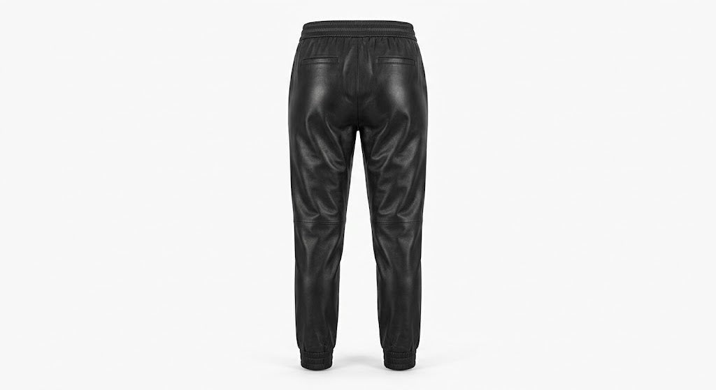Black faux leather jogger pants shown from the back, featuring an elastic waistband and tapered legs, on a light gray background.