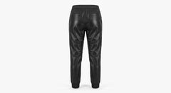 Black faux leather jogger pants shown from the back, featuring an elastic waistband and tapered legs, on a light gray background.
