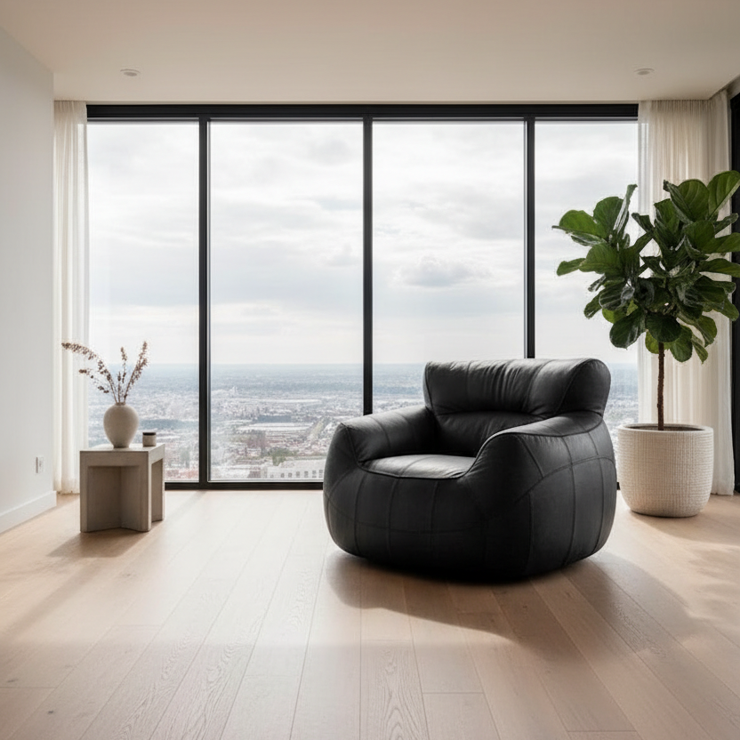 A modern black leather armchair with a rounded, bubble-like silhouette sits in a bright, contemporary room with a large floor-to-ceiling window overlooking a cityscape. The room features light wood flooring, a small side table with a vase, and a large potted fiddle-leaf fig plant.