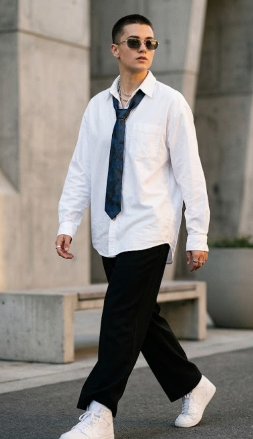 A man walking outdoors wearing a white long-sleeve button-up shirt, a dark patterned tie, black trousers, white sneakers, and sunglasses.