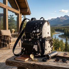 Real Cowhide Leather Backpack - Brown and White Hair on Backpack - Travel Hiking Backpack