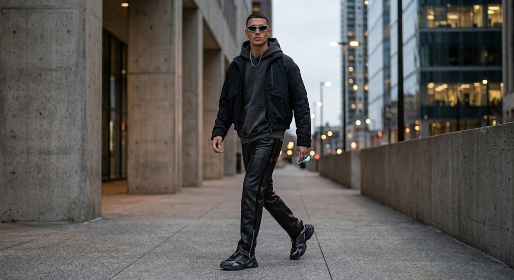 A man wearing a black hooded jacket, black leather-look pants, and black sneakers walks along a modern concrete walkway in an urban setting.