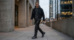 A man wearing a black hooded jacket, black leather-look pants, and black sneakers walks along a modern concrete walkway in an urban setting.