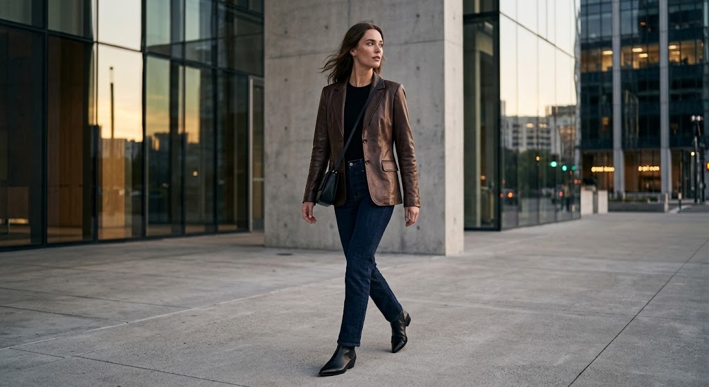 A woman walking outdoors in a modern city setting, wearing a brown leather blazer over a black top and dark blue jeans.