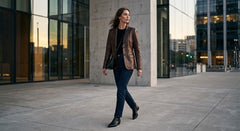 A woman walking outdoors in a modern city setting, wearing a brown leather blazer over a black top and dark blue jeans.