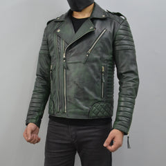 Men's Brando Burnt Green Motorcycle Genuine Leather Biker Jacket