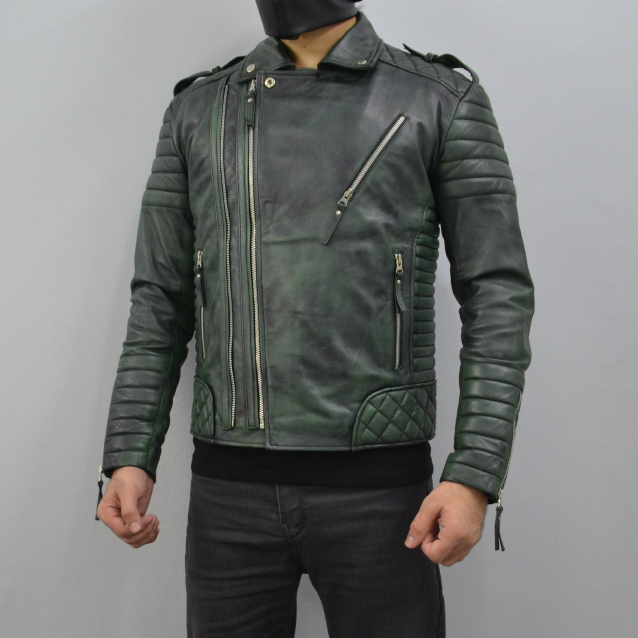 Men's Brando Burnt Green Motorcycle Genuine Leather Biker Jacket