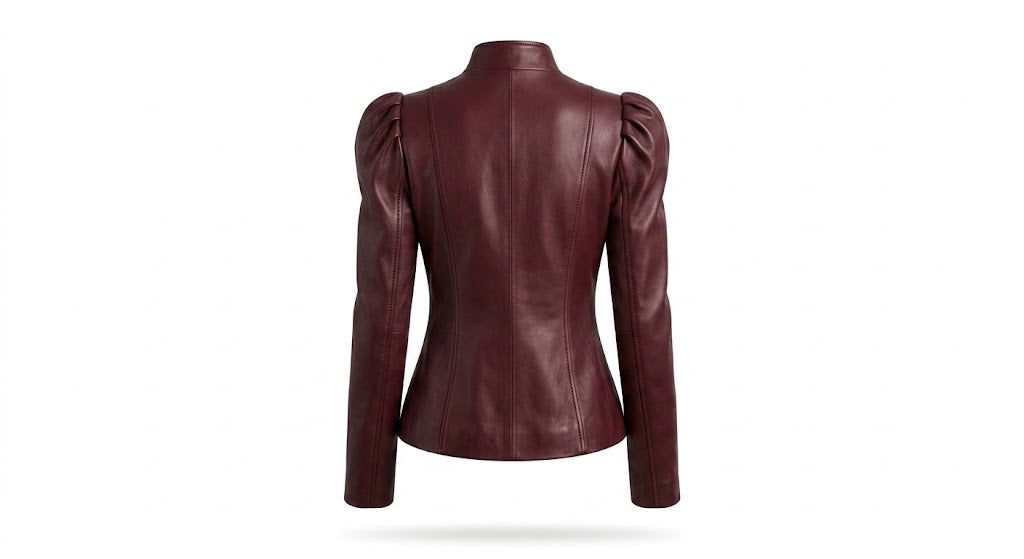 A dark burgundy faux leather jacket with puffed sleeves, shown from the back on a white background.